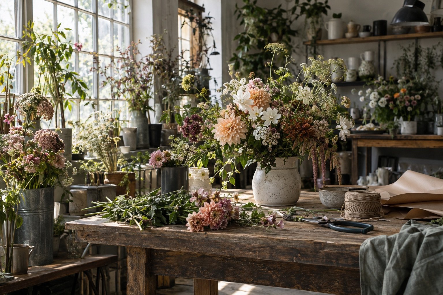 Saisonale Blumen im lichtdurchfluteten Atelier